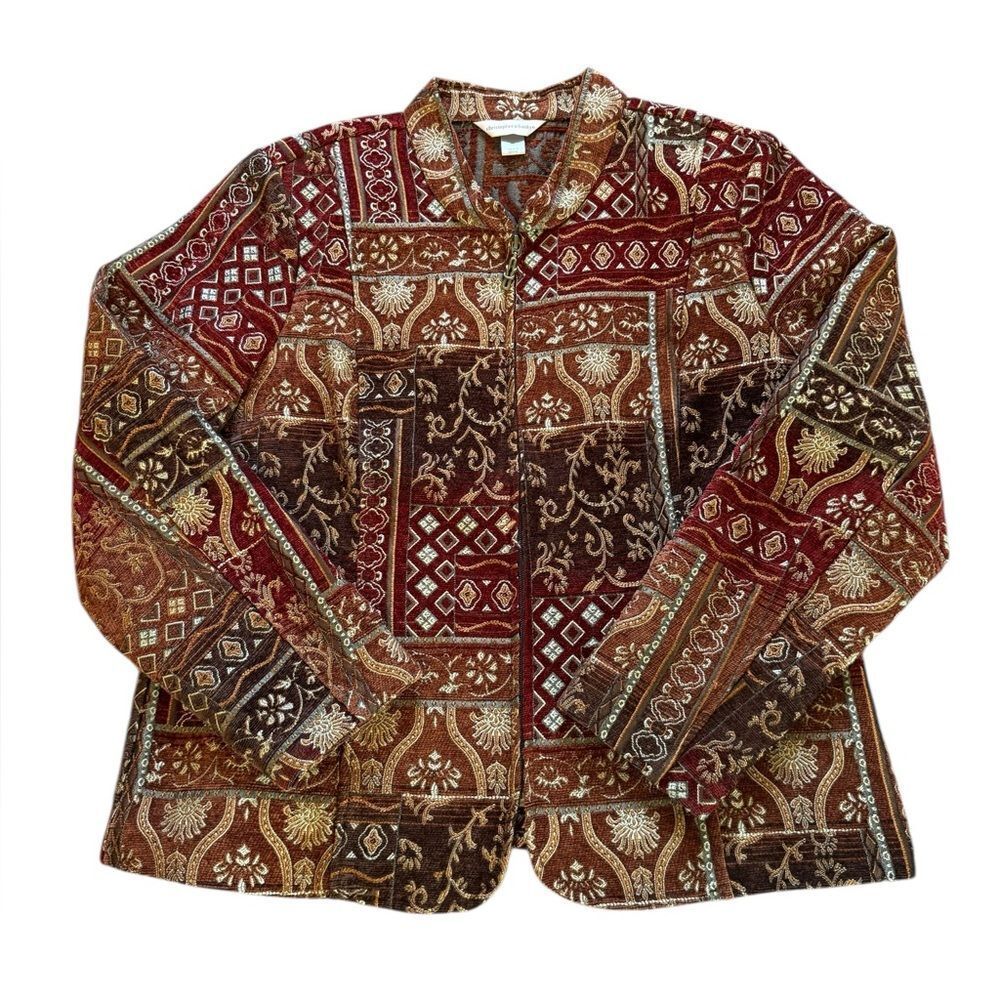 Christopher Banks Jacquard Tapestry Blazer Jacket Full Zip Burgundy Womens XL